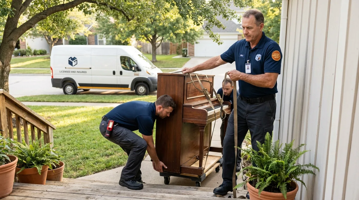 Licensed piano movers securing grand piano in Caguas, PR